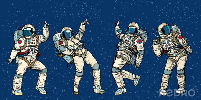 Poster  Disco party astronauts dancing men and women