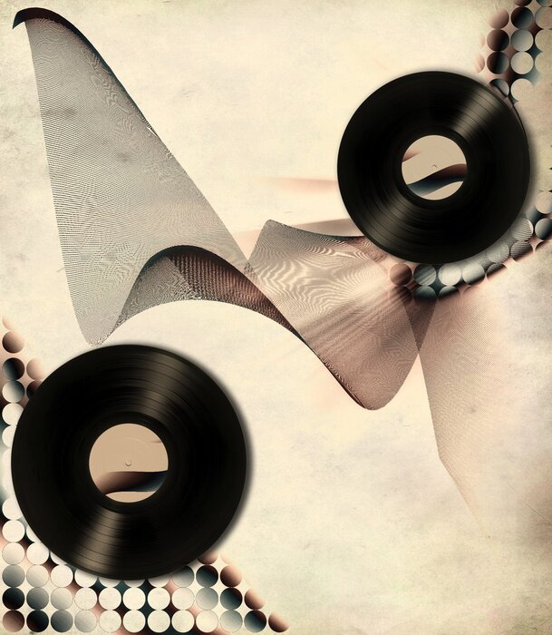 Poster  Disques vinyles sur fond musical