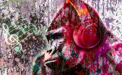 Poster  dj gorilla monkey head in headphone with creative colorful abstract elements on light background