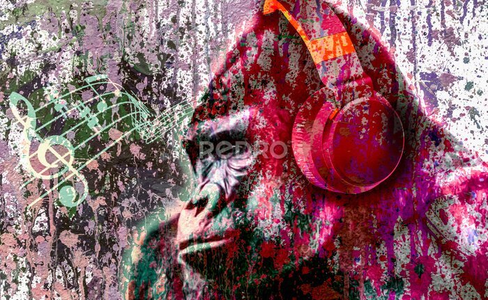 Poster  dj gorilla monkey head in headphone with creative colorful abstract elements on light background