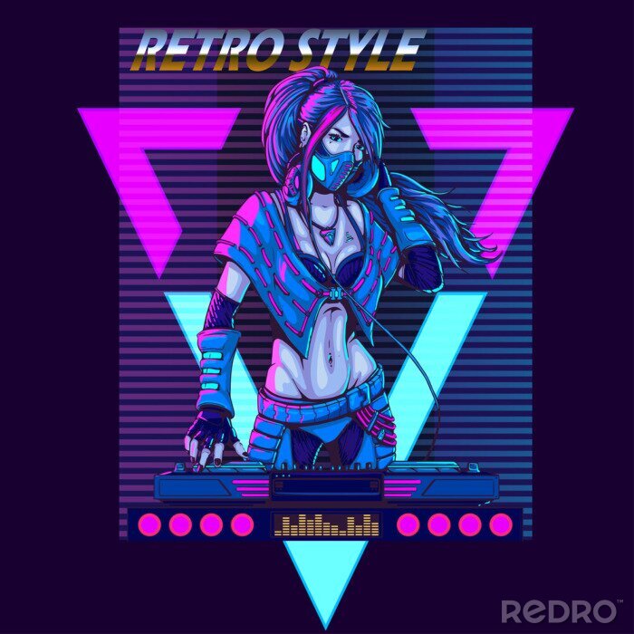 Poster  DJ woman in futuristic synth retro wave style 80s poster illustration.