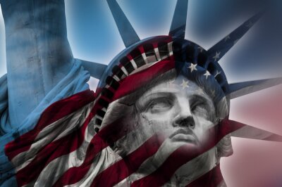 Poster  Double exposure image of the Statue of Liberty and the American flag