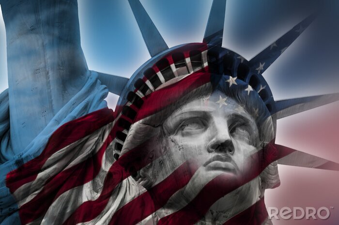 Poster  Double exposure image of the Statue of Liberty and the American flag