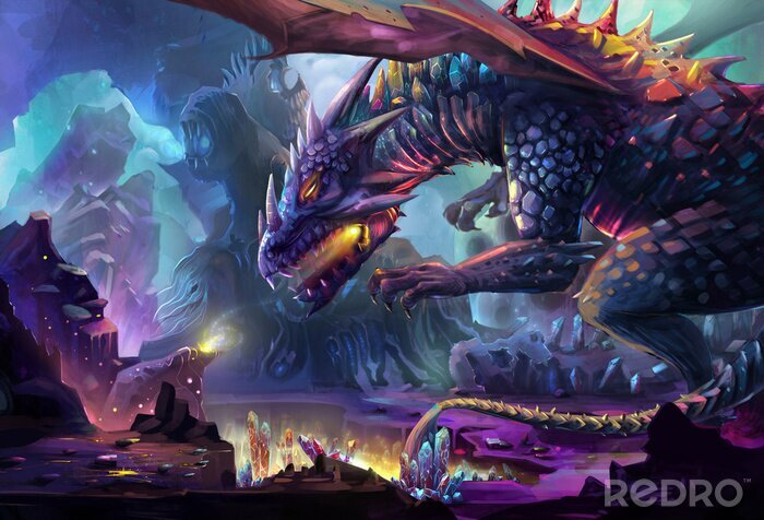 Poster  Dragon effrayant avec du feu dans sa bouche et des rochers
