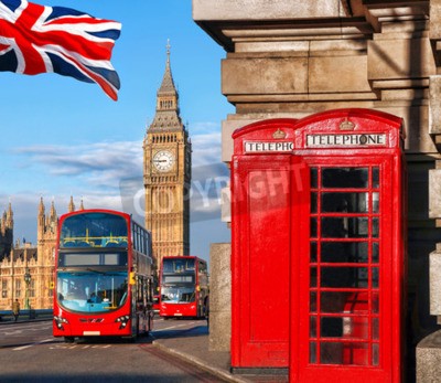 Poster  Drapeau de Londres et symboles de bus Big Ben