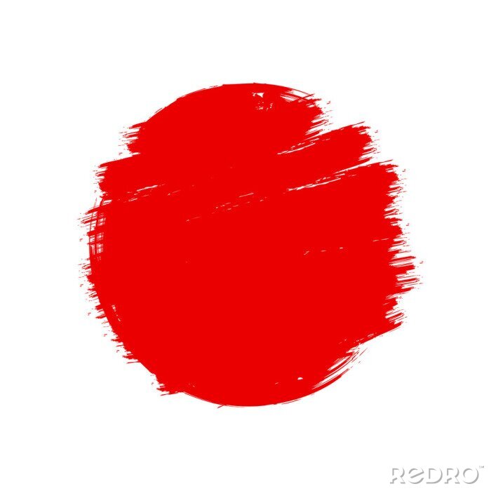 Poster  Drapeau du Japon style asiatique rouge symbole de soleil grunge isolé sur fond blanc. Coups de pinceau dessinés à la main