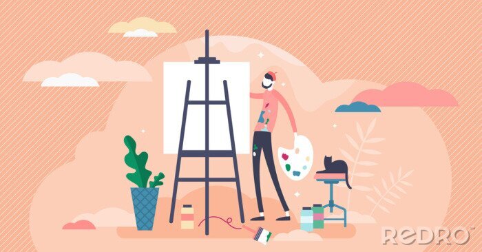 Poster  Drawing or painting concept, flat tiny person vector illustration