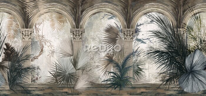 Poster  Drawn tropical, exotic plants and leaves among the columns. Floral background for mural, wallpaper, photo wallpaper, postcard, card. Loft, modern, classic design.