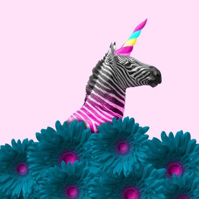 Poster  Dreaming about being better. An alternative zebra like a unicorn in blue flowers on pink background. Negative space. Modern design. Contemporary art. Creative conceptual and colorful collage.