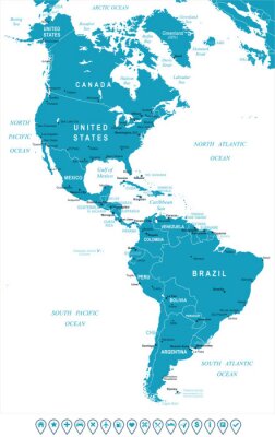 Du Nord et Amérique du Sud carte - très détaillées illustration vectorielle. Image contient contours terrestres, les noms de pays et de la terre, les noms de ville, les noms d'objets de l'eau, des icô
