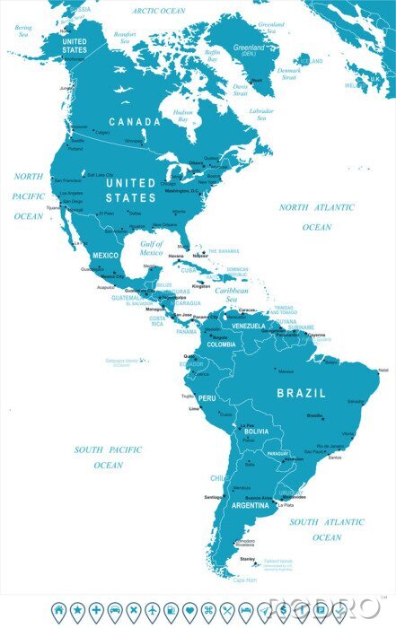Poster  Du Nord et Amérique du Sud carte - très détaillées illustration vectorielle. Image contient contours terrestres, les noms de pays et de la terre, les noms de ville, les noms d'objets de l'eau, des icô
