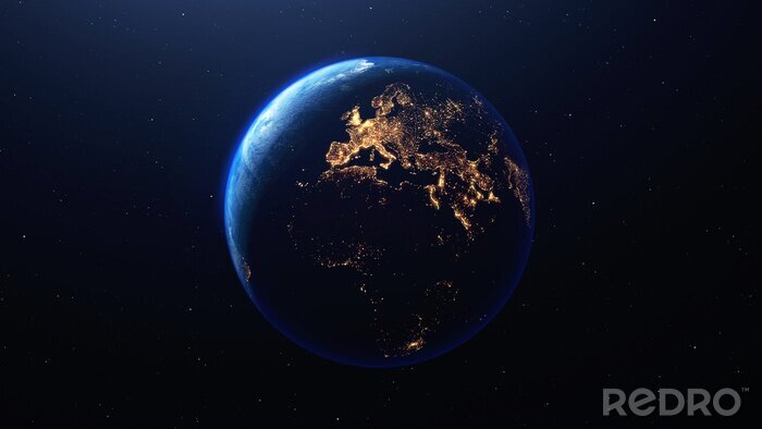 Poster  Earth planet viewed from space at night showing the lights of Europe  and other countries, 3d render of planet Earth, elements of this image provided by NASA