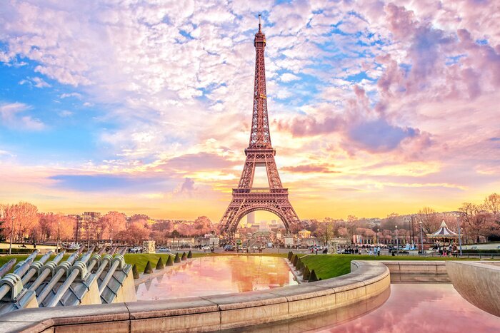 Poster  Eiffel Tower at sunset in Paris, France. Romantic travel background