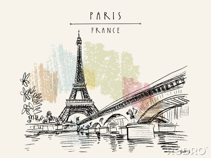 Poster  Eiffel Tower in Paris, France. Vintage hand drawn touristic postcard