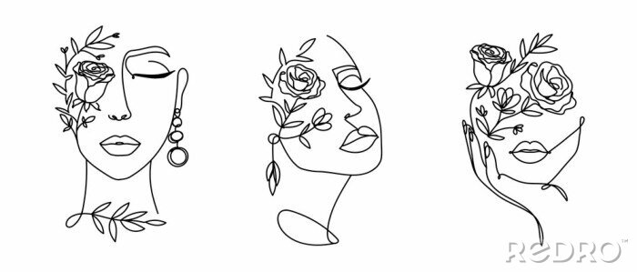 Poster  Elegant women's faces in one line art style with flowers.Continuous line art in minimalistic style for prints, tattoos, posters, textile, cards etc. Beautiful female fashion face Vector illustration