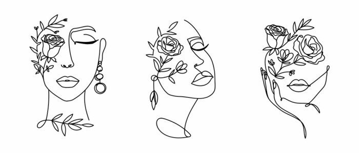 Poster  Elegant women's faces in one line art style with flowers.Continuous line art in minimalistic style for prints, tattoos, posters, textile, cards etc. Beautiful female fashion face Vector illustration