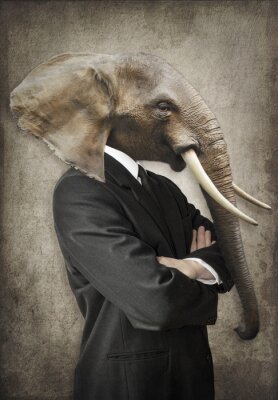 Éléphant en costume. Homme à la tête d'un éléphant. Graphique du concept dans le style vintage.