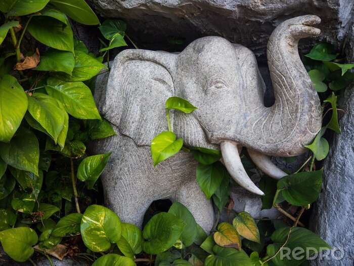 Poster  Éléphant en pierre parmi les feuilles