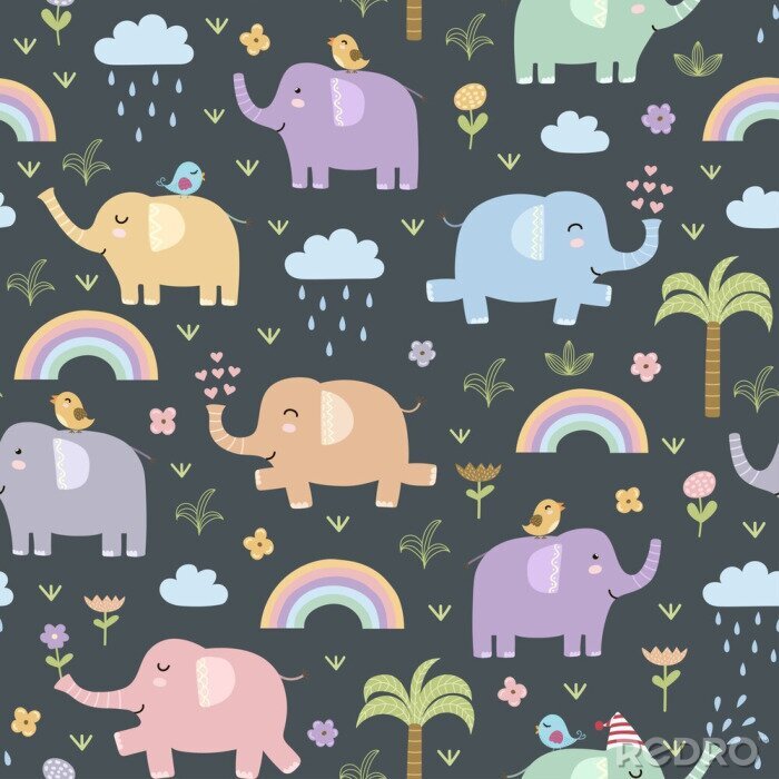 Poster  Éléphants colorés, fleurs, arcs-en-ciel et nuages