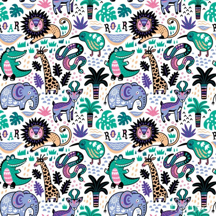 Poster  Éléphants crocodiles girafes et palmiers