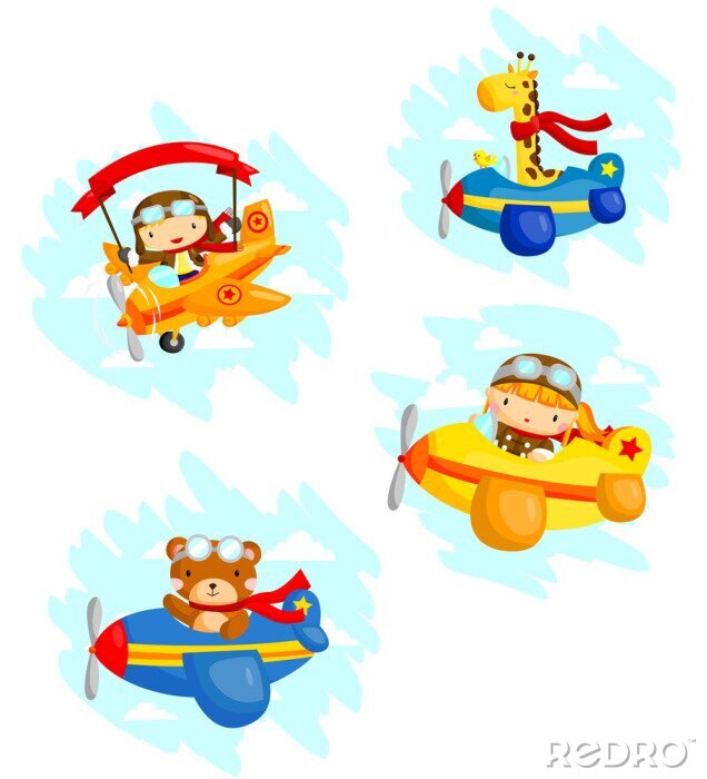 Poster  Enfants et animaux dans des avions