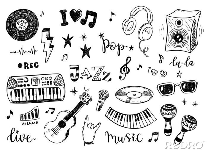 Poster  Ensemble d'esquisse dessinée à la main de la culture musicale doodles, instruments, notes, signes et symboles
