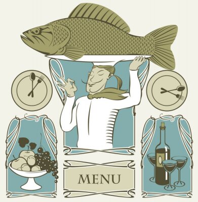 ensemble de poissons de cuisinier sur la tête et deux plats