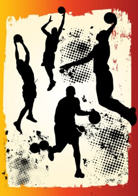 Poster  équipe de joueur de basket dans de nombreuses postures sur graphique grunge