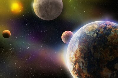 Poster  espace extra-atmosphérique avec des planètes dans le système des galaxies avec soleil solaire et étoiles dans la conception 3d illustration, fantaisie ou science-fiction couverture de livre ou fond d'