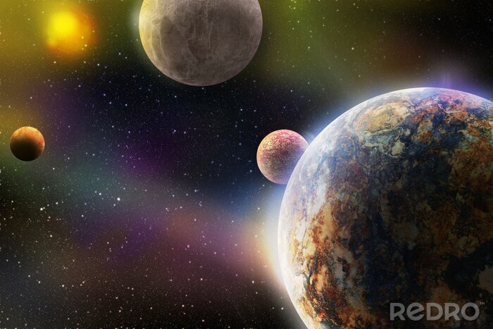 Poster  espace extra-atmosphérique avec des planètes dans le système des galaxies avec soleil solaire et étoiles dans la conception 3d illustration, fantaisie ou science-fiction couverture de livre ou fond d'