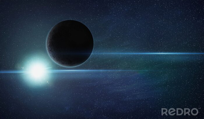 Poster  Espace extra-atmosphérique avec planète sombre et fusée éclairante