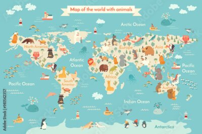 Papier peint  Espèces animales sur une carte du monde dessinée