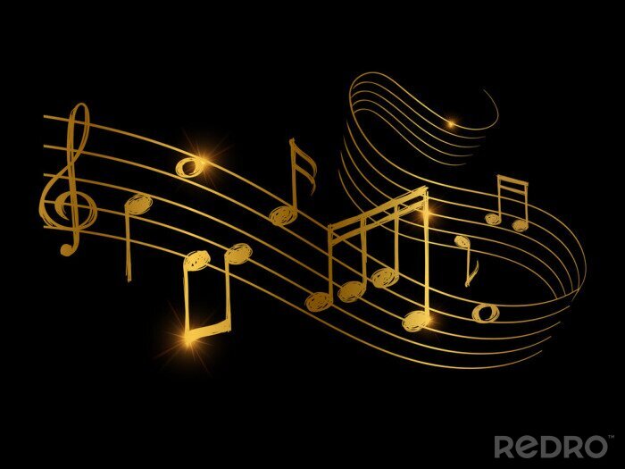 Poster  Esquisse d'une onde sonore musicale dorée avec des notes de musique