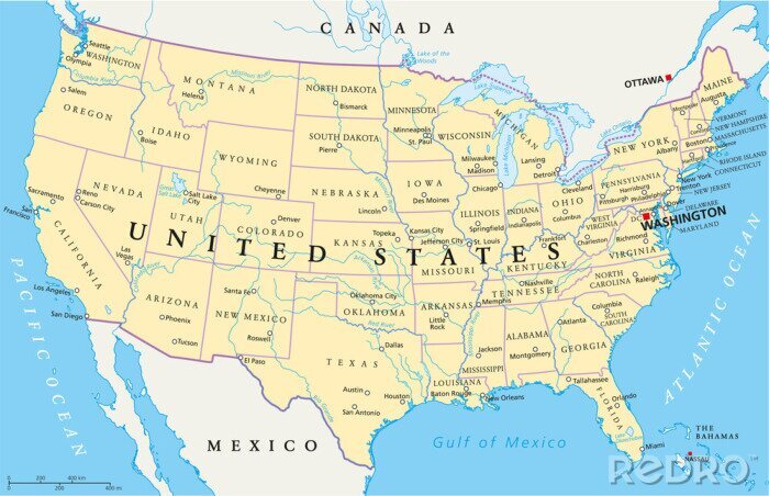 Poster  États-Unis d'Amérique Carte politique avec les États simples