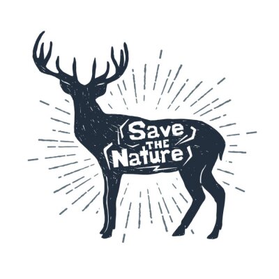 Poster  Étiquette tirée par la main avec l'illustration de vecteur texturée de cerfs communs et "sauvez le lettrage inspiré de nature".