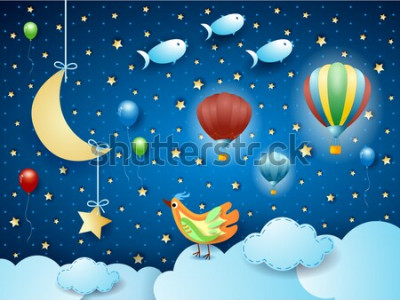 Poster  Étoiles de lune et ballons parmi les nuages