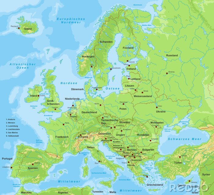 Poster  Europakarte - avec inscription (pays et villes)
