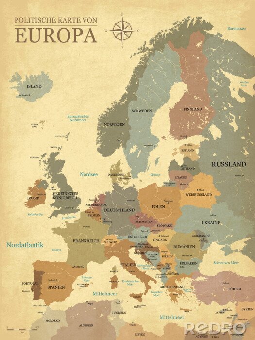 Poster  Europakarte mit hauptstädten - Vintage effekt - Version Deutsch - Vektor