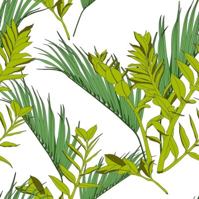 Exotic tropical and palm leaves, white background. Floral seamless pattern.