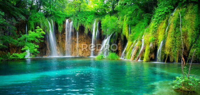 Poster  Exotic waterfall and lake landscape of Plitvice Lakes National Park, UNESCO natural world heritage and famous travel destination of Croatia. The lakes are located in central Croatia (Croatia proper).
