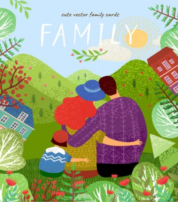 Poster  famille heureuse. Affiche de vecteur mignon, carte ou couverture avec une illustration d'un père, mère et bébé nouveau-né sur un fond de verdure, de montagnes et de paysages forestiers avec des fleurs
