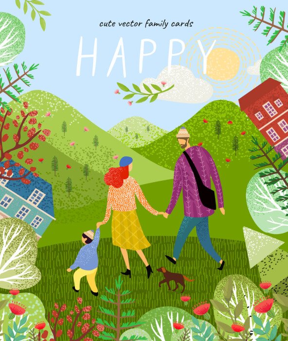 Poster  famille heureuse. Affiche de vecteur mignon, carte ou couverture avec une illustration d'un père, mère et bébé nouveau-né sur un fond de verdure, de montagnes et de paysages forestiers avec des fleurs
