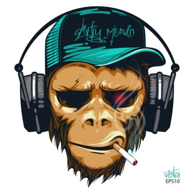Poster  Fan de musique hipster singe dans le casque. DJ chimpanzé