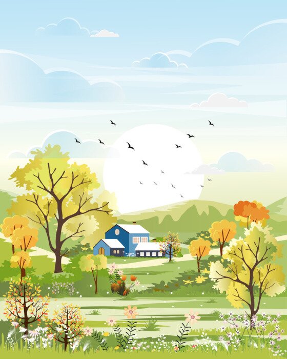 Poster  Fantasy panorama landscapes of Countryside in spring farm field, Panoramic of summer with blue sky, farm house, mountains, wild flowers  in green foliage. Natural background for banner
