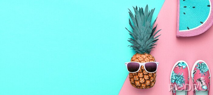 Poster  Fashion. Pineapple hipster in sunglasses, stylish sneakers, handbag. Minimal concept, summer accessories, tropical pineapple. Creative art fashionable concept, summertime, banner