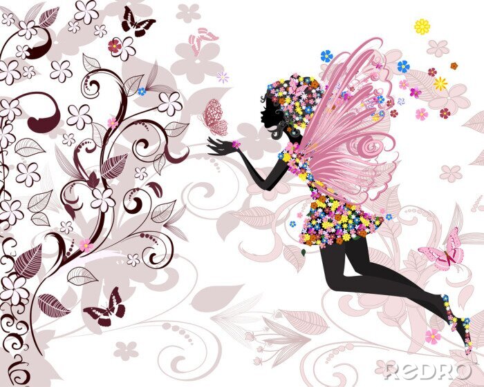 Poster  Fée avec des fleurs et des papillons