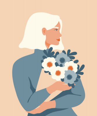Poster  Femme aux cheveux blancs tenant un bouquet