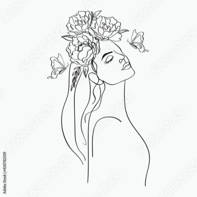 Poster  Femme aux cheveux longs avec une couronne de pivoines