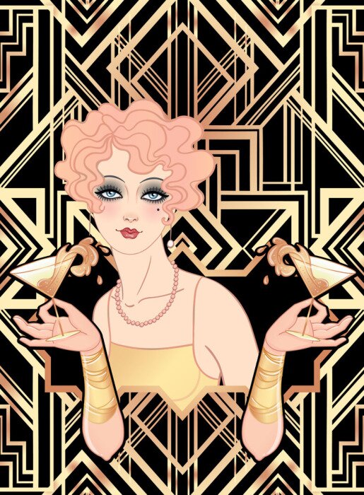 Poster  Femme avec un cocktail dans un style art déco