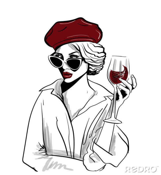 Poster  femme béret rouge avec verre de vin